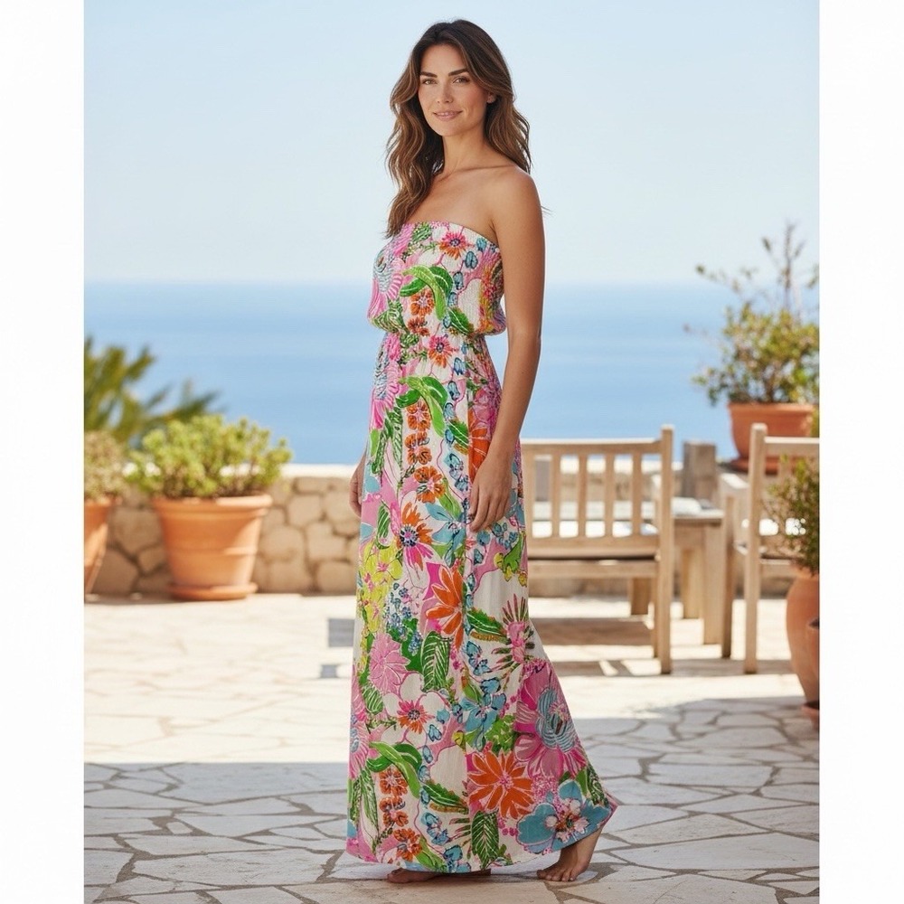 NEW Lilly Pulitzer for Target MAXI Long Dress Nosey Posey Strapless Pink Mult M‎